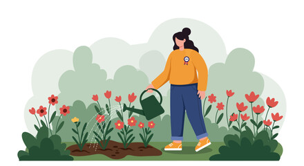 Woman CEO Watering Vibrant Flowers: Flat Illustration of Leadership  Growth.
