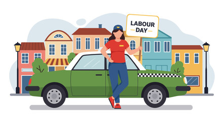 Flat Illustration of a Woman Holding Labour Day Sign by a Taxi in a European Town.