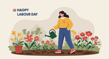 Happy Labour Day: Woman Watering Flowers Flat Design Illustration.