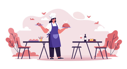 Smiling Chef Serving Dishes in Restaurant Flat Vector Illustration.
