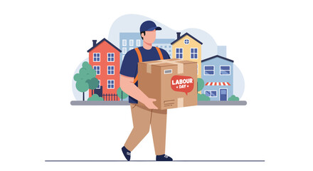 Delivery Worker on Labour Day Colorful Suburban Scene.
