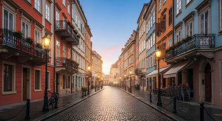 Fototapeta premium A charming, narrow European cobblestone street lined with colorful historic buildings and illuminated streetlights at dawn. Perfect for travel, urban, or architectural themes.