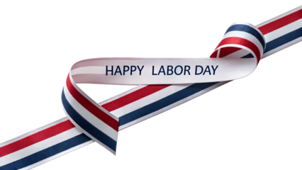 Happy labor day ribbon with red white and blue stripes isolated on transparent background