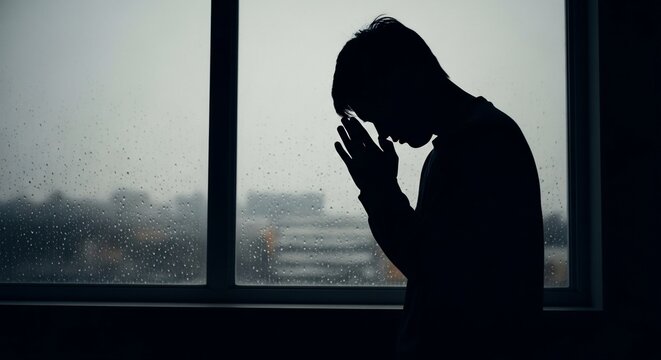 Silhouette of a man standing by a window, head bowed and hands clasped together in a gesture of sadness or contemplation.