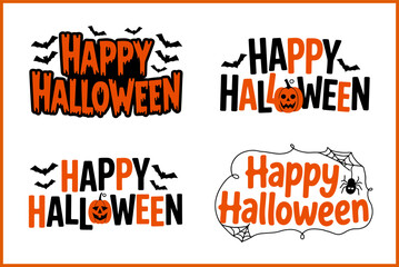 Halloween greeting card typography with pumpkin bat and spider web, printable poster tshirt sticker vector illustration set