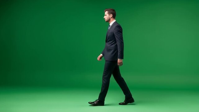 Professional Businessman Walking on Green Screen Background, Business Concepts for Presentations, Corporate Videos or Advertising. Footage of