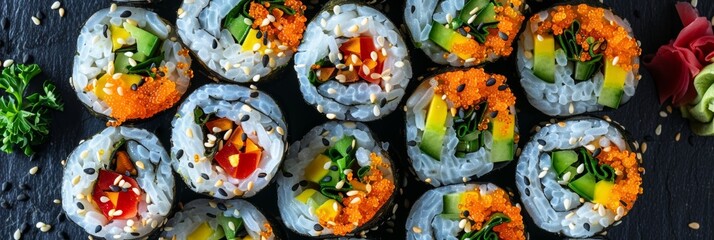 A platter of vegan sushi showcases the creativity of the chef with each roll featuring a different combination of colorful veggies and flavorful sauces.