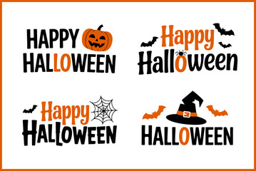 Happy Halloween text with pumpkin bat and spider web, festive typography, printable card poster tshirt sticker vector design set