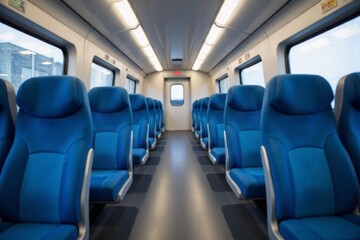 Interior of a train car with blue seats.