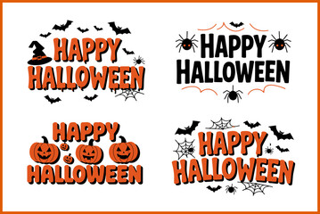 Happy Halloween lettering featuring a pumpkin, bat, and witch hat, festive typography for printable cards, posters, t-shirts, and sticker vector sets.