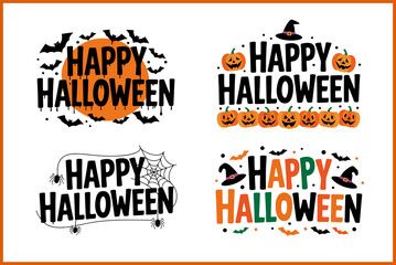 Halloween typographic design with pumpkin bat and spider web, printable card poster tshirt sticker vector illustration pack
