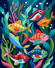 Naklejka premium Cheerful colorful fish swimming together in the deep ocean, underwater marine life and beautiful sea plants