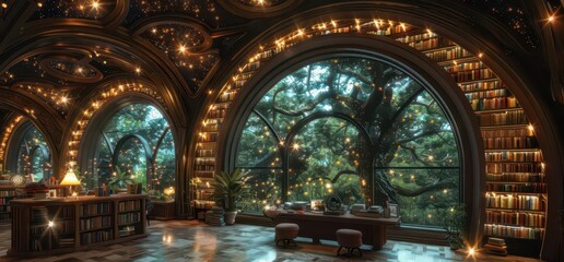 Fototapeta premium A cozy library with large windows showcasing a lush outdoor view, illuminated by warm lights.