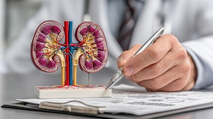 Medical Professional Examining Detailed Kidney Model