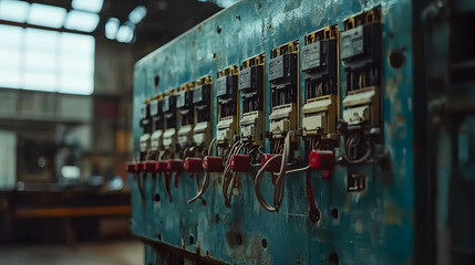 Close-up of an old, teal electrical panel with multiple switches in an industrial setting.