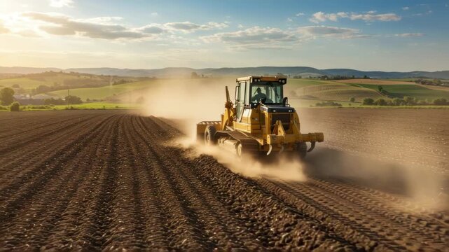 Tractor working the field at sunset, farming landscape rural farmland scene agriculture industry
