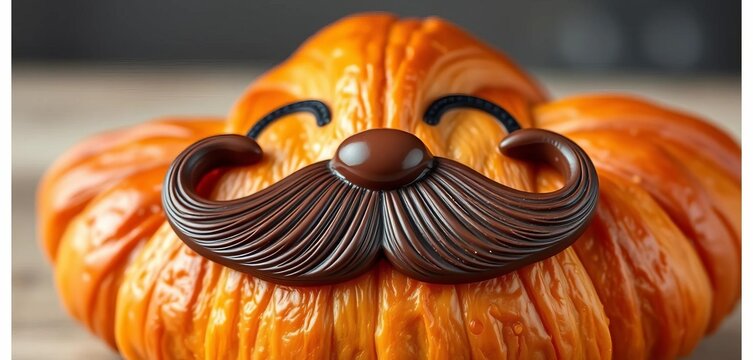 A golden croissant with a whimsical chocolate mustache, smiling,  whimsical,  breakfast