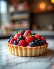 Colorful Berry Tart with Fresh Strawberries, Blackberries, and Blueberries