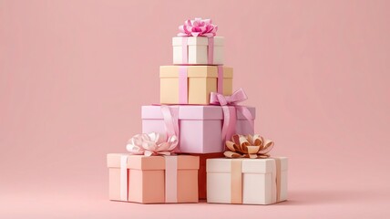Obraz premium Elegant Stacked Gift Box Tower with Ribbons & Bows for Holiday & Wedding Celebration (Light Pink Background)