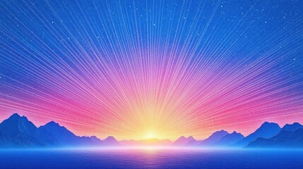 Colorful sunrise landscape with mountains rays on the horizon. Rays of light and mountains create a scenic nature atmosphere. Dawn sky, water, and vibrant nature, digital illustration, tranquil
