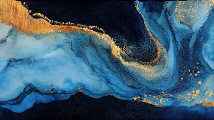 Abstract watercolor galaxy painting, using deep blue and gold tones, presents a flowing artistic texture and salt grain effect, creating a cosmic and ethereal vision.