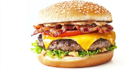 Delicious cheeseburger with bacon lettuce tomato cheese and sesame seed bun on white background