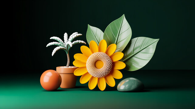 A 3D rendered illustration of a collection of nature-themed objects arranged on a dark green background with a green border.