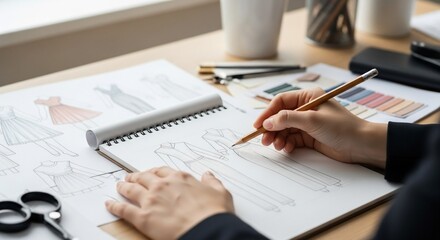 A designer's hands sketching fashion illustrations in a sketchbook, surrounded by fabric swatches and drawing tools on a desk.