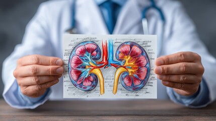 Medical Professional Holding Kidney Diagram Detailed Anatomy Illustration