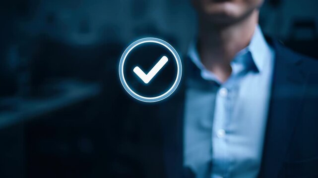 Automatic task completion with AI technology featuring hand and finger pressing glowing checkmark symbol for business success and approval