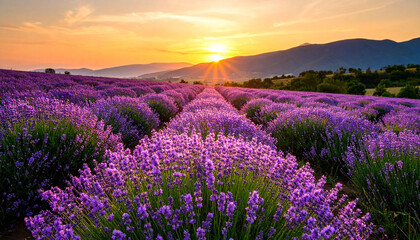 Fototapeta premium Lavender Field at Sunset: A vibrant lavender field stretching towards the horizon, bathed in the warm golden light of sunset, offering a captivating vista.