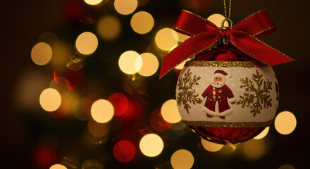 Christmas ornament against holiday lights