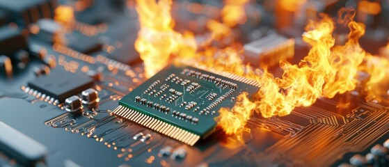 A glowing computer chip, the heart of a laptop, is engulfed in fiery flames, symbolizing the power and potential dangers of advancing technology and digital systems.