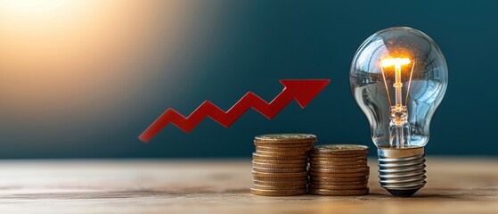 A glowing lightbulb placed next to a stack of coins, representing the concept of financial investment, wealth accumulation, and the potential for growth and prosperity.