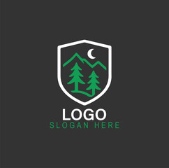 Stylish logo design featuring a shield with mountains, trees, and a crescent moon.