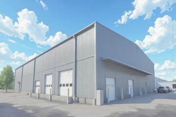 Obraz premium Light gray industrial building with multiple loading docks under a clear sky.