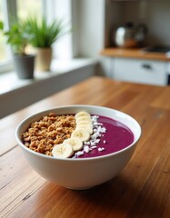 Nutritious Smoothie Bowl with Granola and Banana on Wooden Table, Healthy Eating Concept in Cozy Kitchen