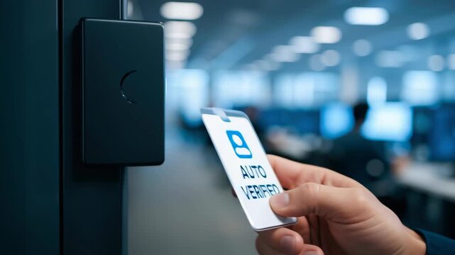 Automatic verification card held by hand for secure access control in modern office environment using advanced AI technology security system
