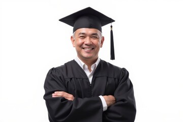Happy graduate wearing a graduation gown and cap.