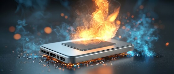 Close-up view of a laptop CPU generating intense heat, surrounded by a radiant orange glow and abstract patterns.