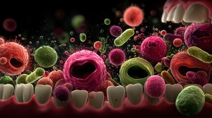 Microscopic View Of Colorful Microorganisms In The Mouth