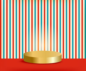 Circus background with vertical red blue beige stripes, red bottom stage and gold platform podium. Perfect for invitation or banner. Vector illustration with empty space