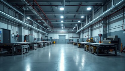 Industrial Warehouse Interior with Equipment and Work Tables