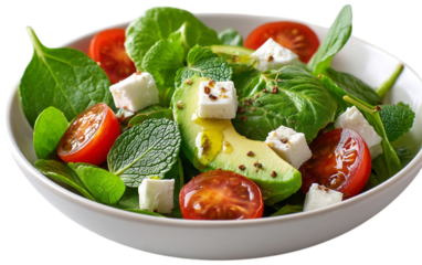 Salad bursts with flavor: tomatoes, avocado, feta. Healthy eating concept for websites, marketing, and editorial use.