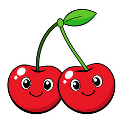 Cartoon cherry pair with cute smiling faces and shiny red finish, connected with brown stem
