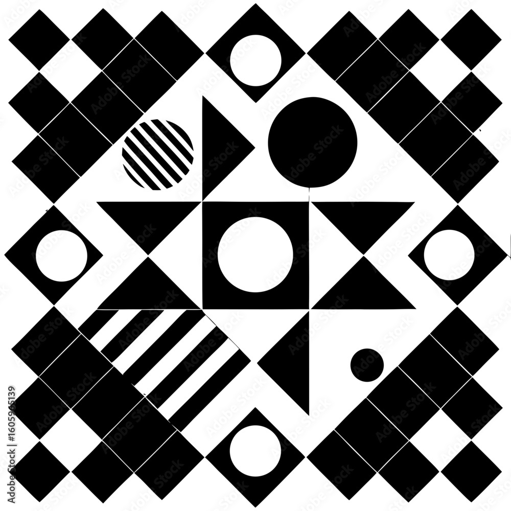 Poster vector black bold monochrome grid pattern blending squares, circles, and trapezoids with dynamic rot