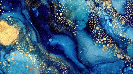 Abstract watercolor galaxy painting, using deep blue and gold tones, presents a flowing artistic texture and salt grain effect, creating a cosmic and ethereal vision.