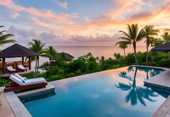 Sunset over a luxury tropical resort swimming pool with palm trees, offering a relaxing summer vacation by the sea