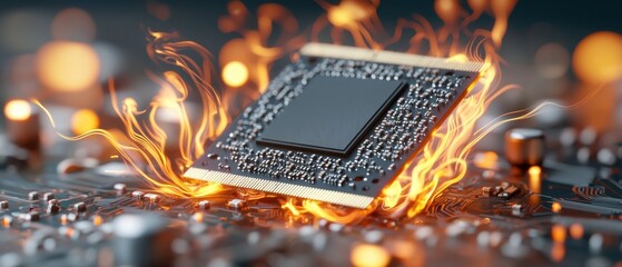 A powerful computer processor at the center of a dynamic, colorful swirl of abstract, fiery energy and light, symbolizing innovation, technology, and the potential for progress.