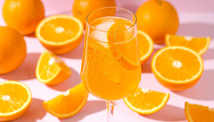 Orange Zest Delight: An appetizing shot of a refreshing orange cocktail with an orange slice, beautifully framed by whole oranges and orange wedges, creating a mouthwatering spectacle.